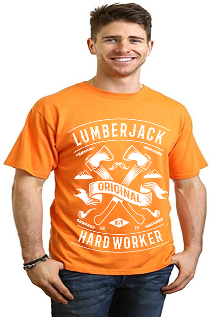 LumberJack men's orange bamboo viscose organic cotton graphic T-shirt with white axes Spun Bamboo on Tampa Home & Garden Store