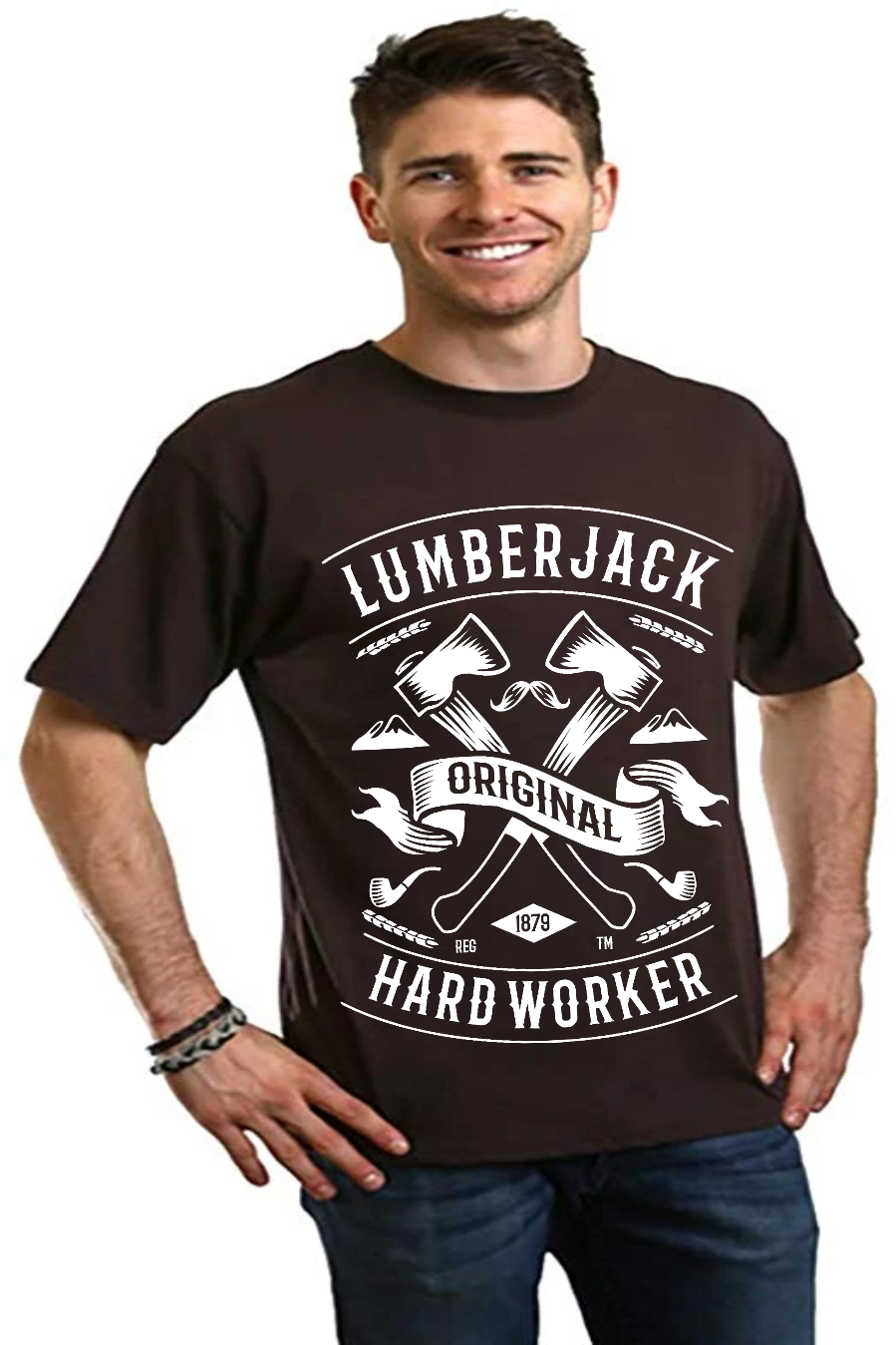 LumberJack mens graphic short sleeve T shirt in dark brown with bold white hard worker print on Tampa Home & Garden Store