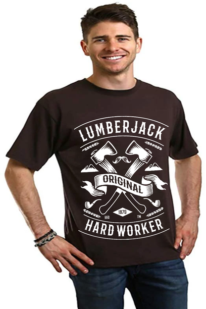LumberJack mens graphic short sleeve T shirt in dark brown with bold white hard worker print on Tampa Home & Garden Store