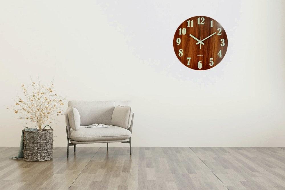 Stevvex 12-inch wooden luminous wall clock with glow numerals and hands, silent quartz on Tampa Home & Garden Store