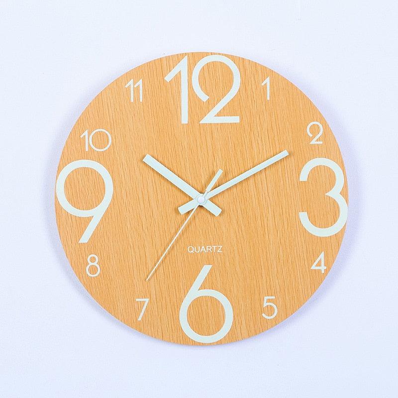 Wooden round wall clock with large white numerals and hands, 12-inch diameter on Tampa Home & Garden Store