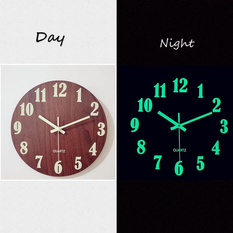 Stevvex 12-inch wooden quartz wall clock with large numbers night glow numerals on Tampa Home & Garden Store