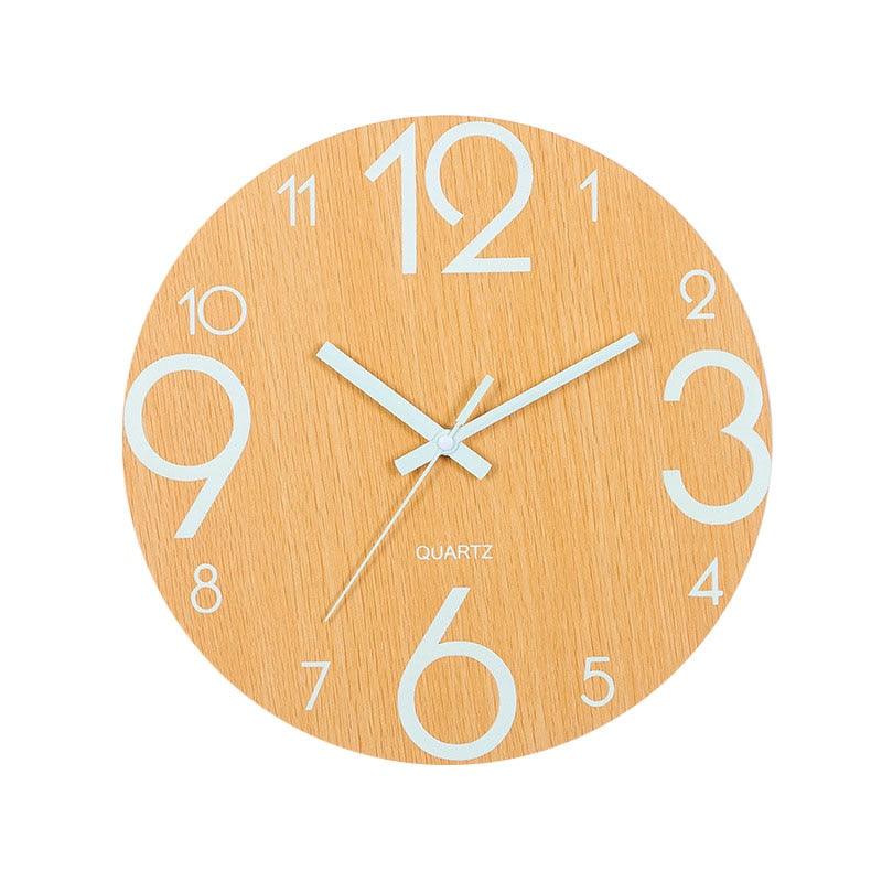 Stevvex wooden 12-inch round wall clock with large white numerals and white hands quartz on Tampa Home & Garden Store
