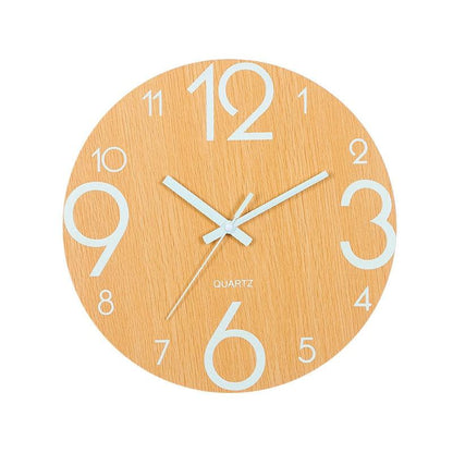 Stevvex wooden 12-inch round wall clock with large white numerals and white hands quartz on Tampa Home & Garden Store