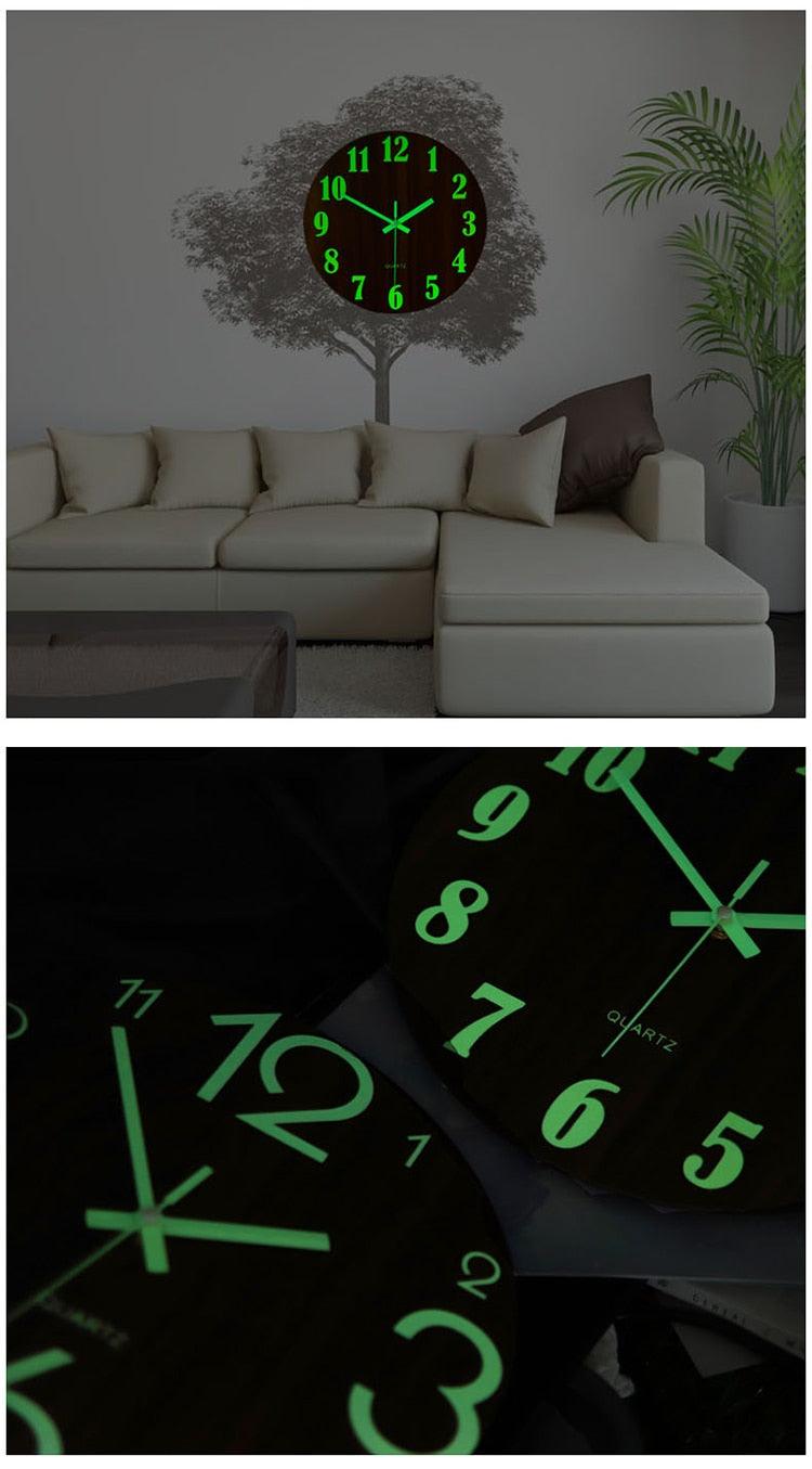 Stevvex luminous wall clock 12in wooden silent non-ticking quartz with green numbers and hands on Tampa Home & Garden Store