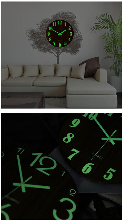 Stevvex luminous wall clock 12in wooden silent non-ticking quartz with green numbers and hands on Tampa Home & Garden Store