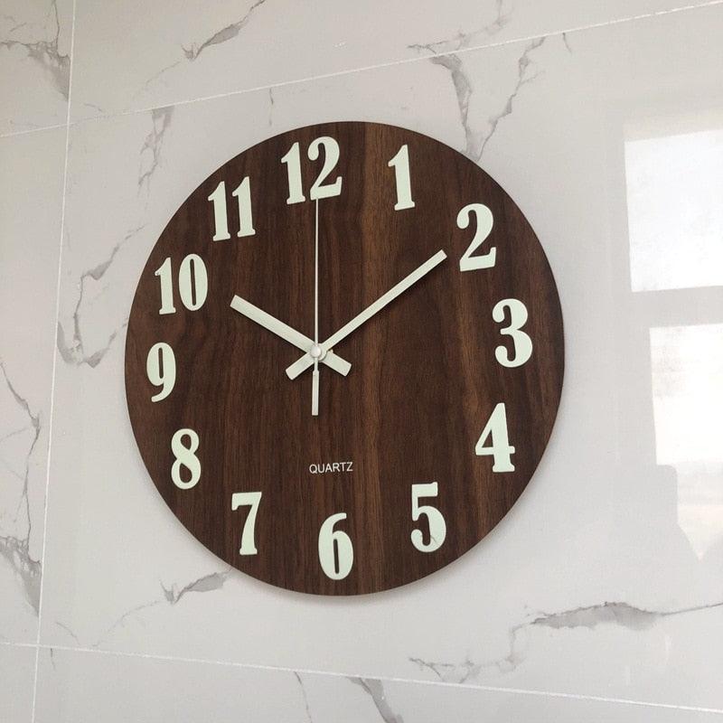 Wooden round wall clock with dark brown finish, 12-inch diameter, luminous numerals and hands on Tampa Home & Garden Store