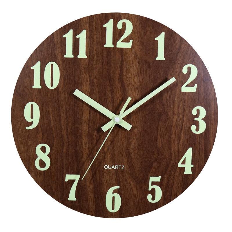 Luminous wall clock Stevvex, 12-inch wooden silent quartz with large glow numbers on Tampa Home & Garden Store