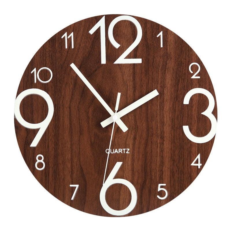 Stevvex 12-inch wooden round wall clock with large white numerals and quartz hands on Tampa Home & Garden Store