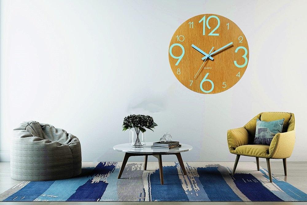 Stevvex 12-inch wooden wall clock with luminous turquoise numbers and hands in living room on Tampa Home & Garden Store
