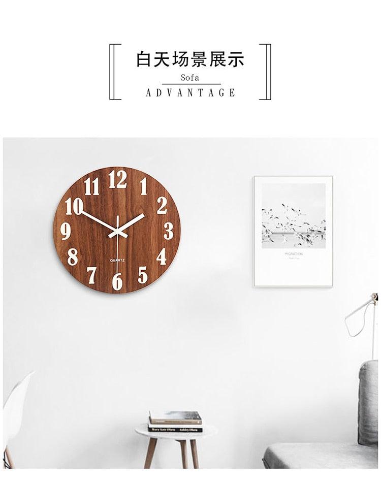 Stevvex wooden round wall clock with white large numerals and hands, 12-inch quartz clock on wall on Tampa Home & Garden Store