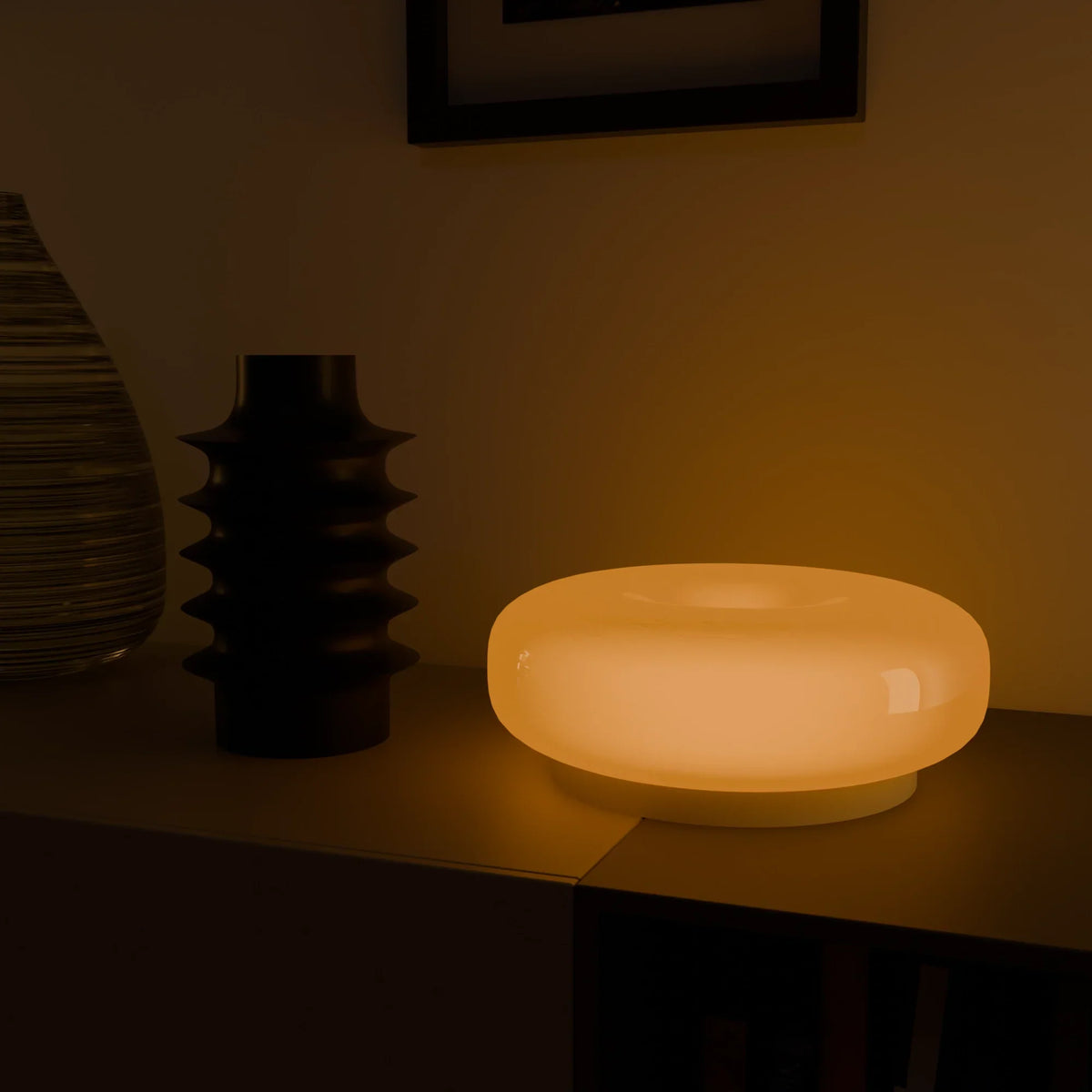Lumo Donut Glass LED Table Lamp Moktan Sabai, frosted glass donut shade with warm glow on Tampa Home & Garden Store