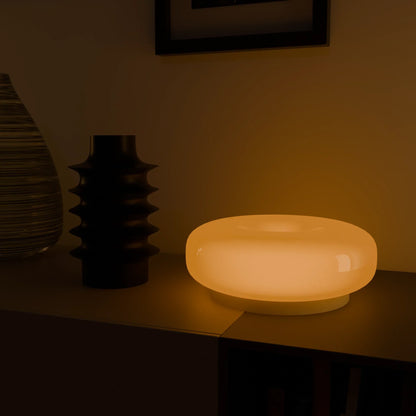 Lumo Donut Glass LED Table Lamp Moktan Sabai, frosted glass donut shade with warm glow on Tampa Home & Garden Store