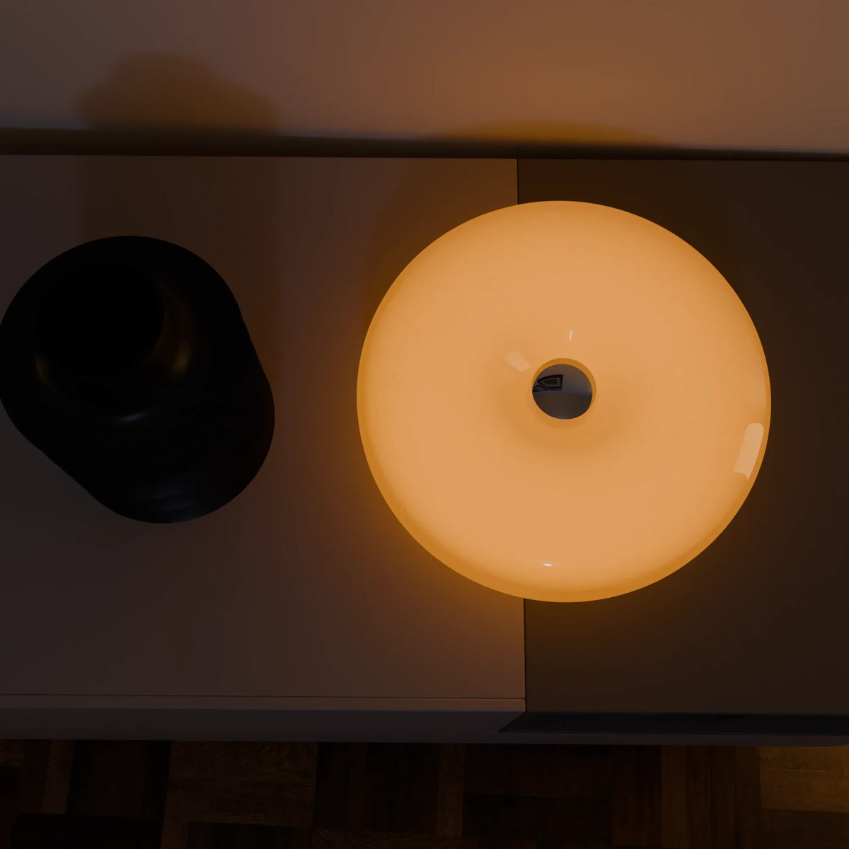 Lumo Donut Glass LED Table/Wall Lamp Moktan Sabai, warm amber frosted donut light on Tampa Home & Garden Store
