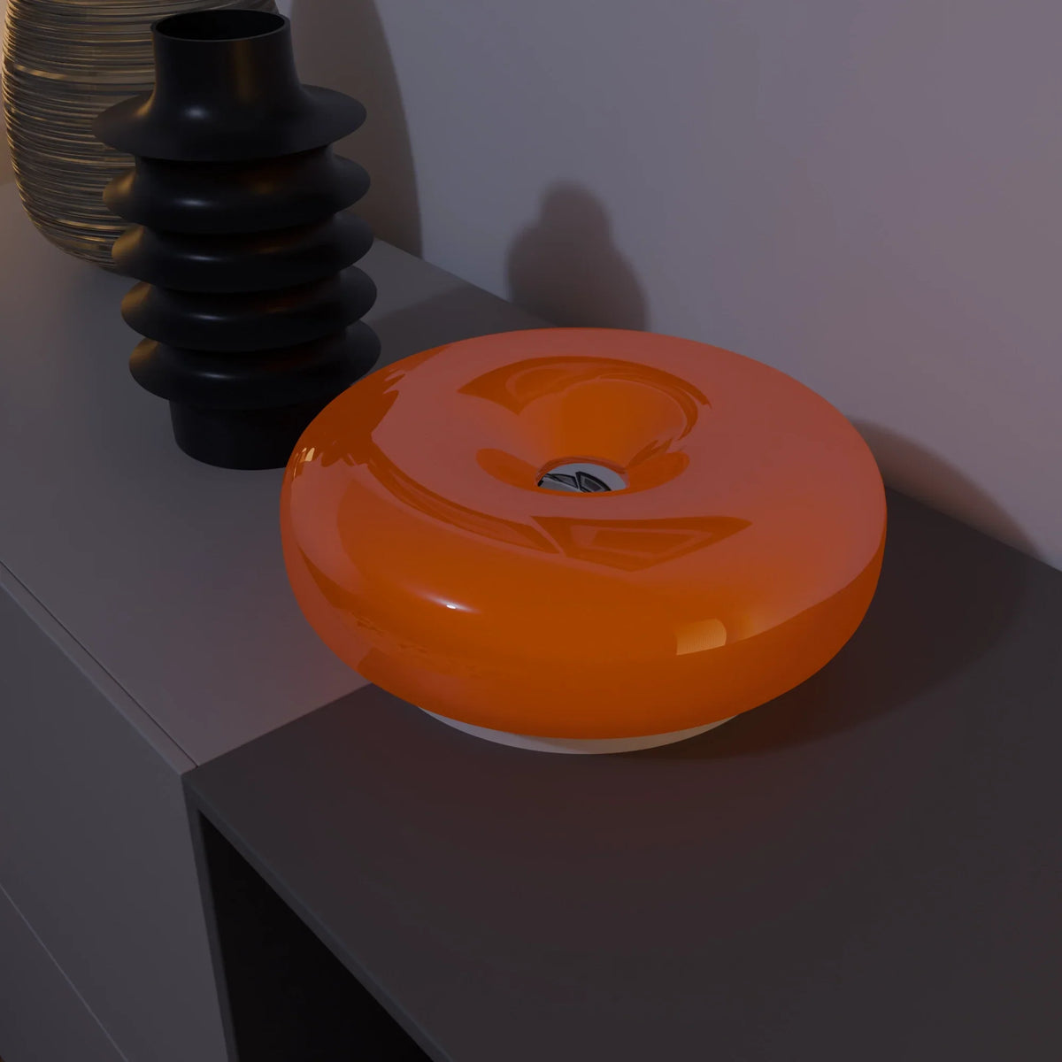 Lumo Donut Glass LED Table/Wall Lamp orange donut shade on black stacked base Moktan Sabai on Tampa Home & Garden Store