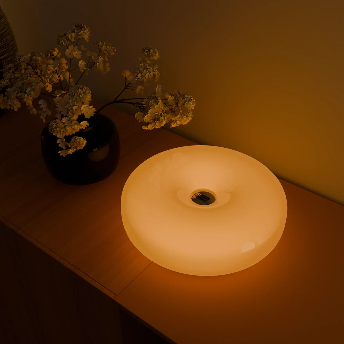 Lumo Donut Glass LED table/wall lamp pair, white donut shades, warm amber glow Moktan Sabai on Tampa Home & Garden Store