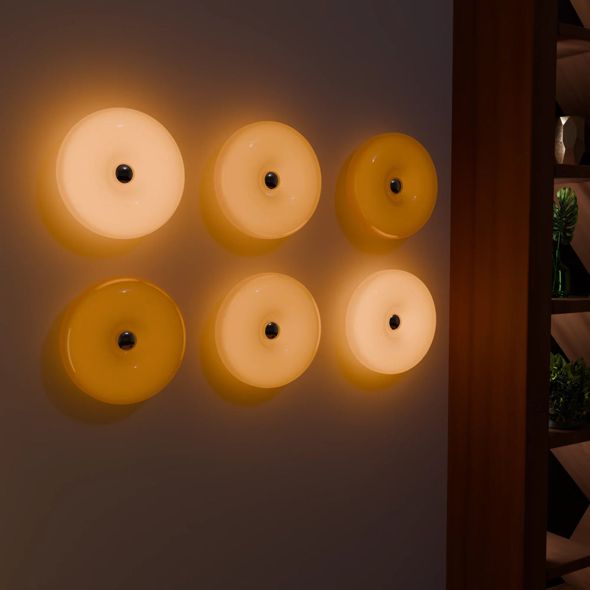 Lumo Donut Glass LED Table/Wall Lamp by Moktan Sabai; white and amber donut wall lamps on Tampa Home & Garden Store