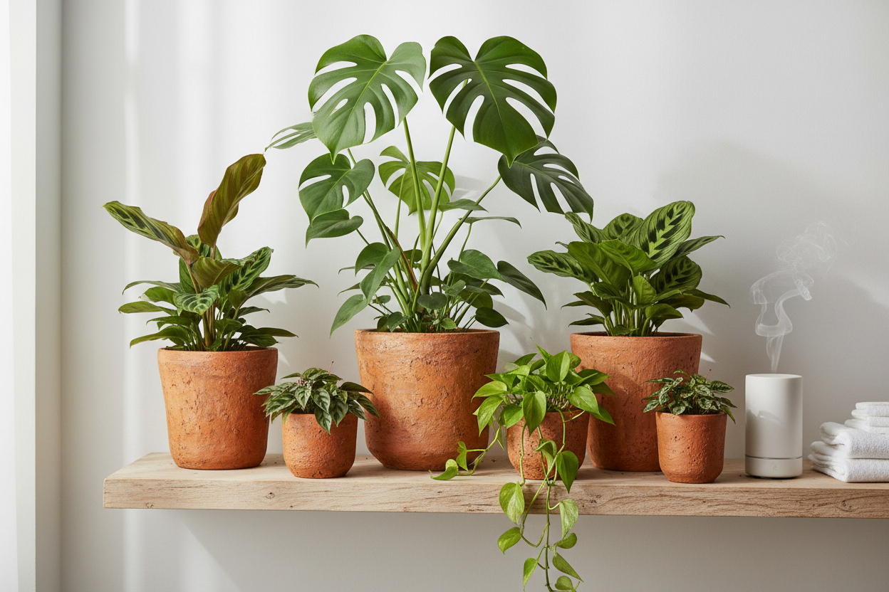 Black and TerraCotta Eco Pots by Rooted Treasures Farms with lush houseplants on a wooden shelf on Tampa Home & Garden Store
