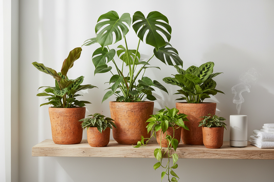 Black and TerraCotta Eco Pots by Rooted Treasures Farms with lush houseplants on a wooden shelf on Tampa Home & Garden Store