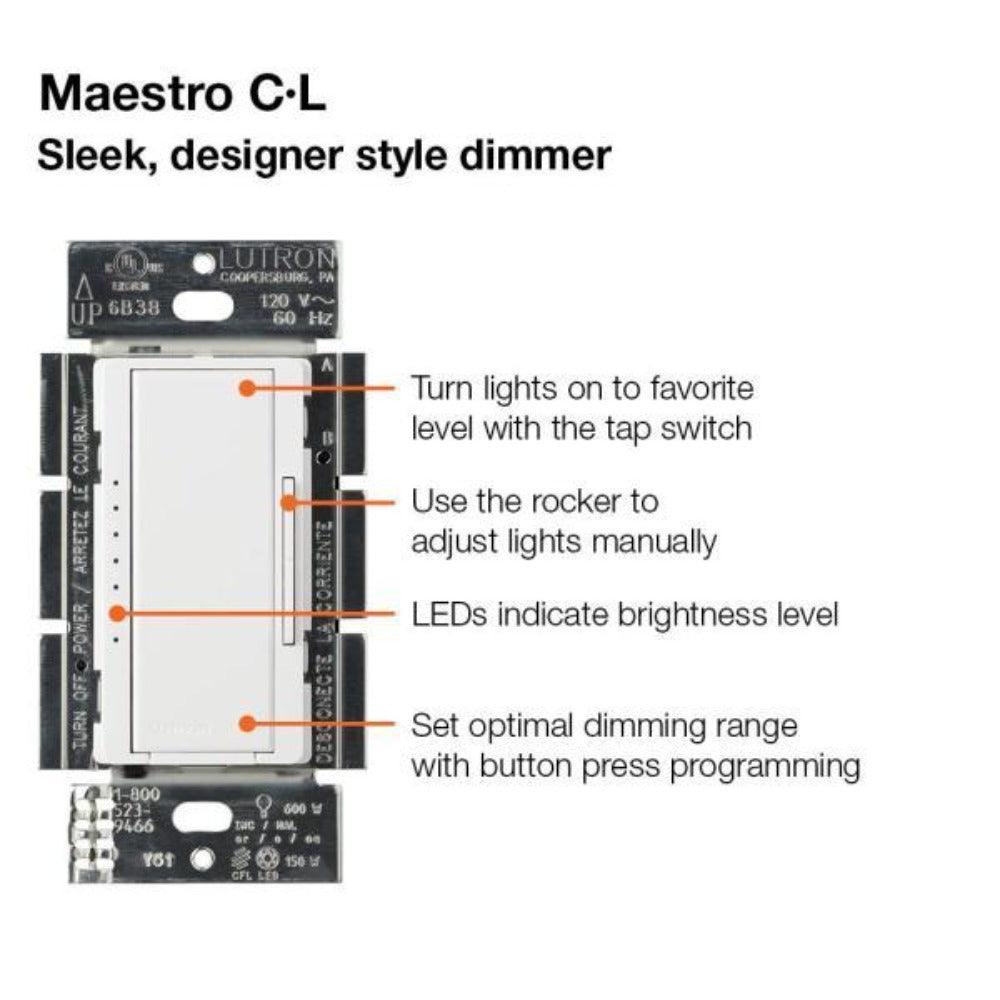 Kit de interruptor con atenuador digital de múltiples ubicaciones Lutron Maestro CL, color blanco