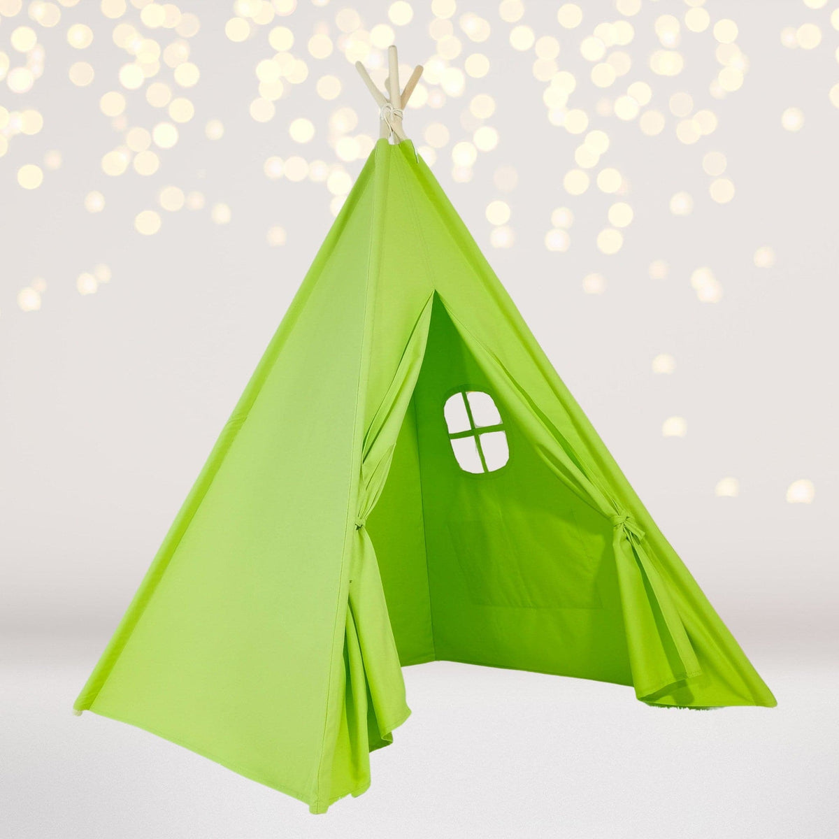 Kids cotton teepee play tent in lime green with window, rope tie top and wooden poles on Tampa Home & Garden Store