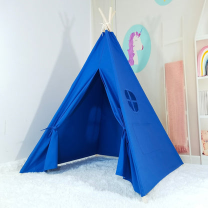 Blue cotton teepee play tent with white rope ties for indoor playroom on Tampa Home & Garden Store