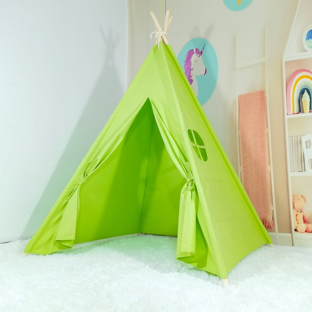 Kids cotton teepee play tent lime green with fairy lights for indoor playroom on Tampa Home & Garden Store