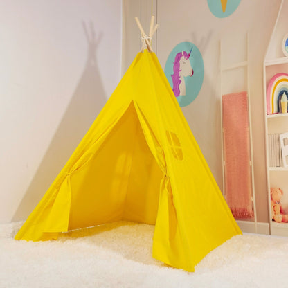 Yellow cotton teepee play tent with white rope ties and fairy lights in a kids playroom on Tampa Home & Garden Store