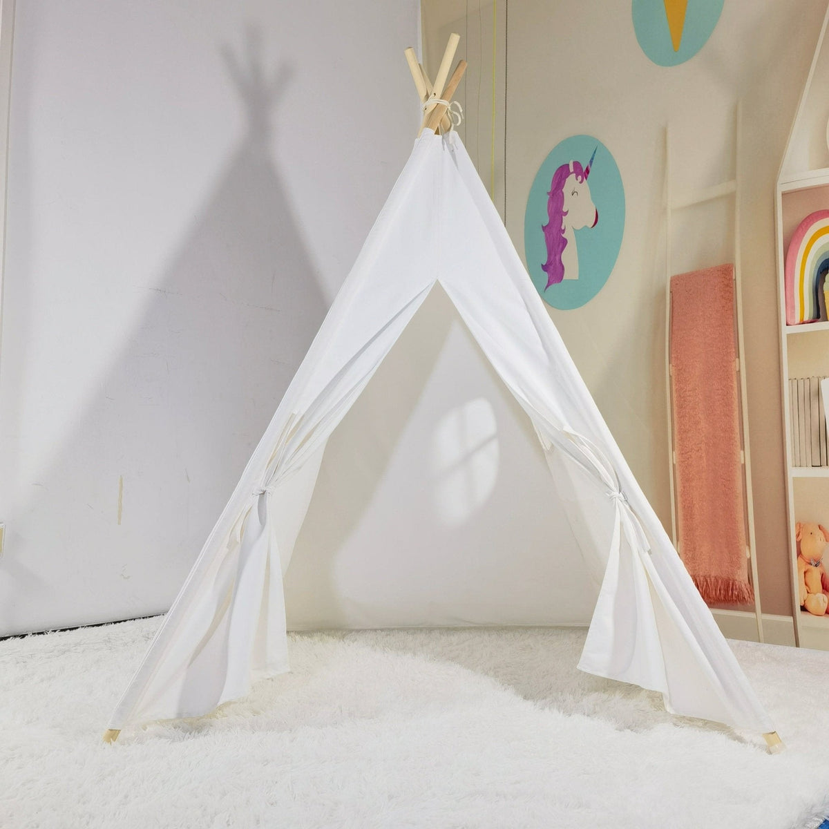 Kids cotton teepee play tent with white fabric and wooden poles for indoor space on Tampa Home & Garden Store