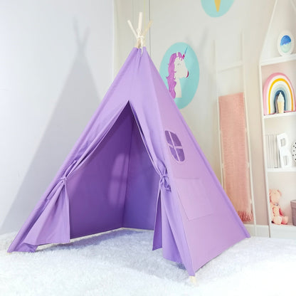 Purple cotton teepee play tent with fairy lights for indoor playroom on Tampa Home & Garden Store