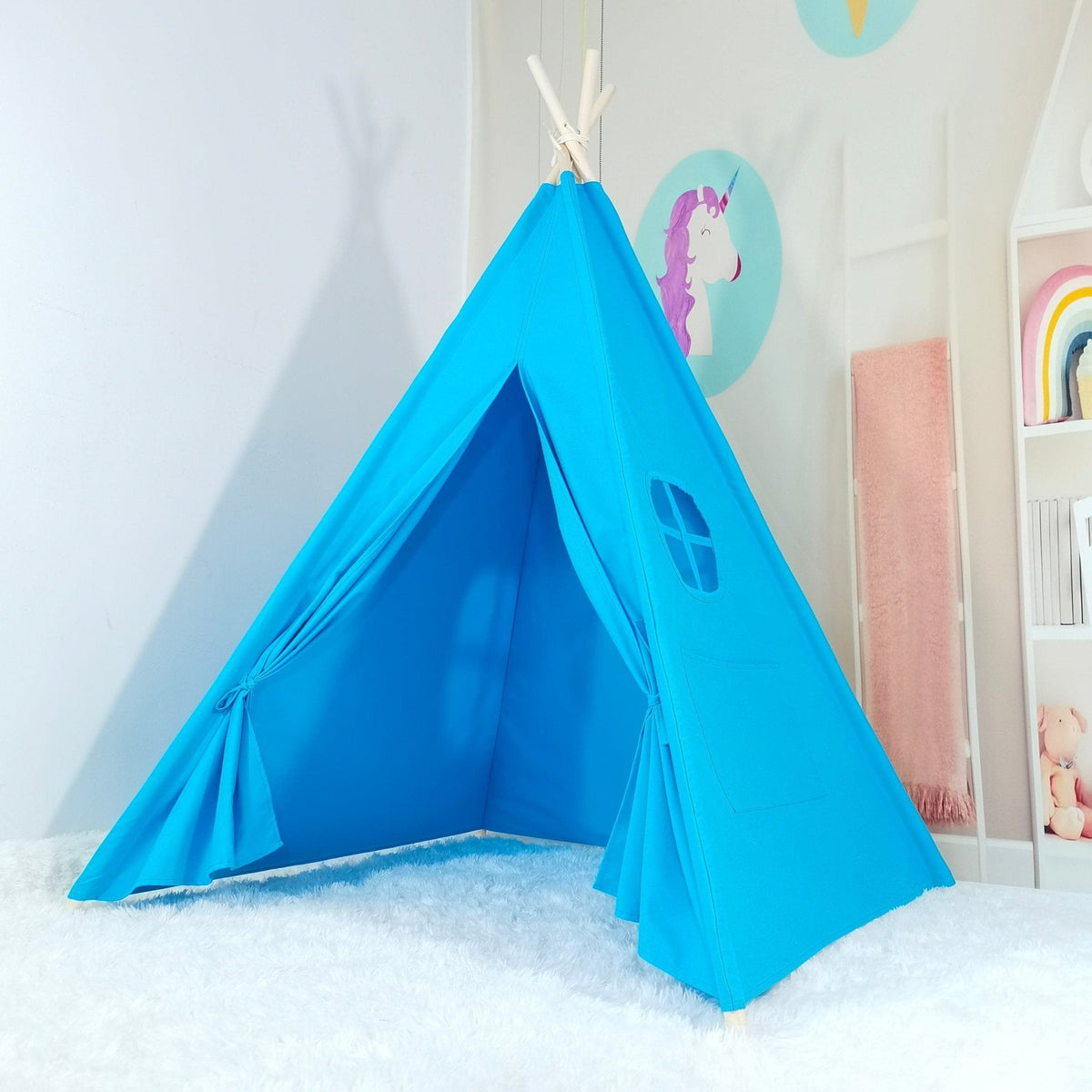 Kids Cotton Teepee Play Tent blue with white poles by Chicky Chicky Bling Bling for indoor play on Tampa Home & Garden Store
