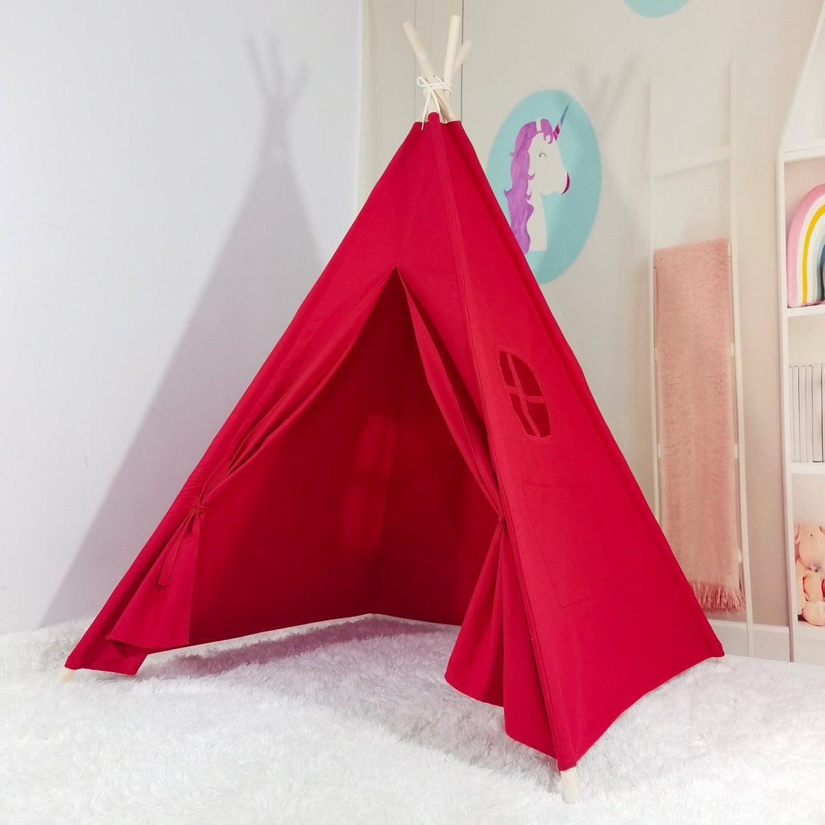 Kids cotton teepee play tent in red with white poles for indoor playroom backdrop on Tampa Home & Garden Store