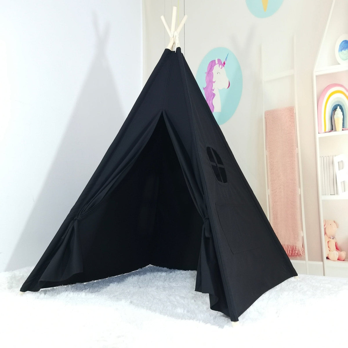 Kids cotton teepee play tent in black, indoor playroom with unicorn wall art on Tampa Home & Garden Store
