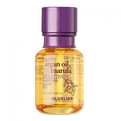 Luxliss Argan Oil & Marula Brightening Hair Care Serum bottle, 55 ml, purple cap on Tampa Home & Garden Store