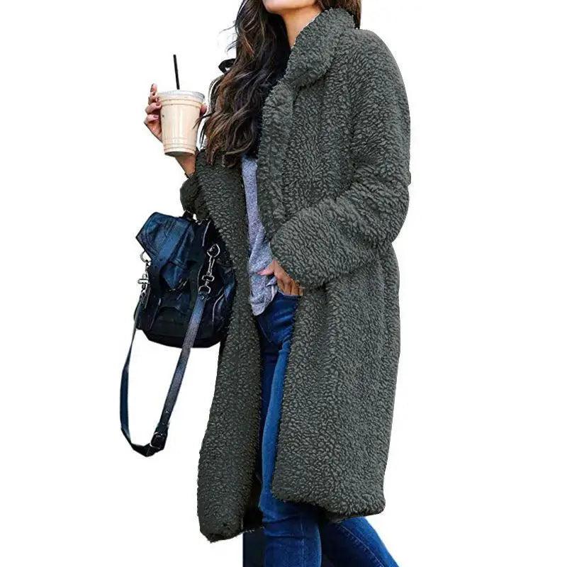 Stevvex women's long plush fleece coat in dark olive, teddy-texture solid-color outerwear on Tampa Home & Garden Store