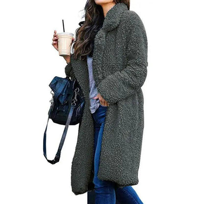 Stevvex women's long plush fleece coat in dark olive, teddy-texture solid-color outerwear on Tampa Home & Garden Store
