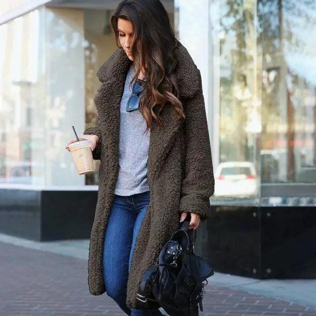 Stevvex long brown solid-color faux fur coat for women, warm fleece outerwear on Tampa Home & Garden Store