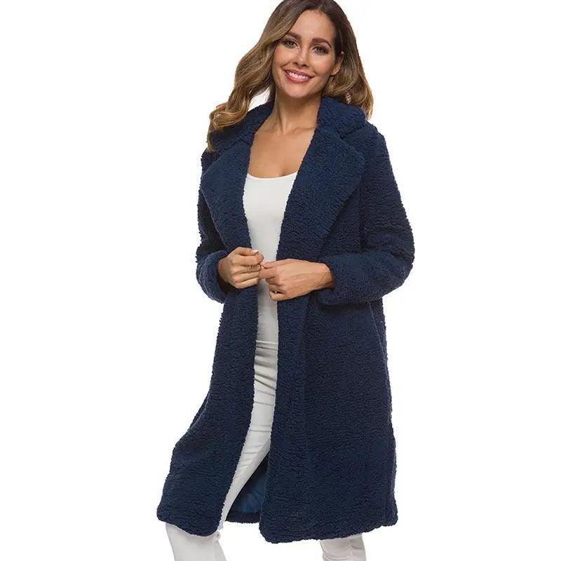 Stevvex navy blue teddy fleece coat for women, long open-front outerwear with cozy texture on Tampa Home & Garden Store