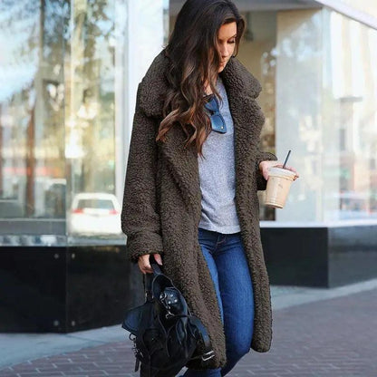 Stevvex long brown teddy fleece coat for women, plush solid outerwear with oversized lapels on Tampa Home & Garden Store
