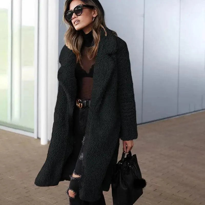 Stevvex long black fleece coat, women's solid color outerwear with plush shaggy texture on Tampa Home & Garden Store