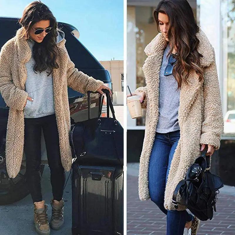 Stevvex beige long teddy fleece coat plush warm outerwear on Tampa Home & Garden Store