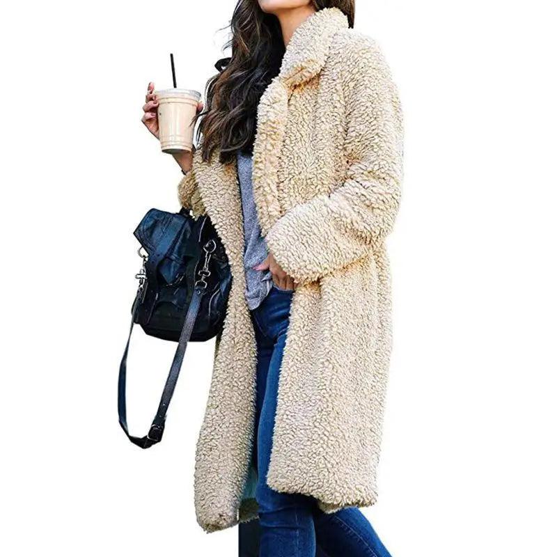 Beige long faux-sherpa teddy coat for women, plush fleece outerwear on Tampa Home & Garden Store