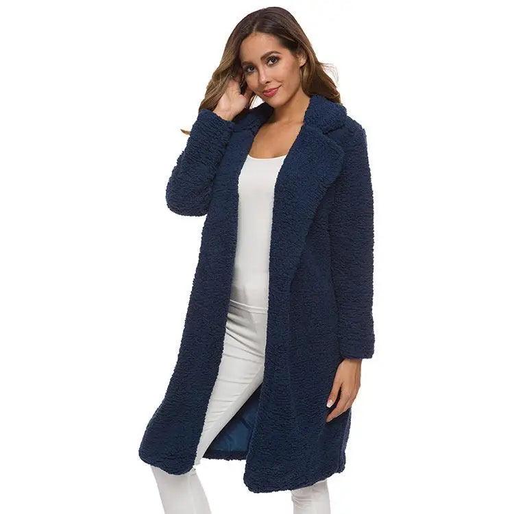 Stevvex navy blue fleece long coat for women, plush textured outerwear with an open front on Tampa Home & Garden Store