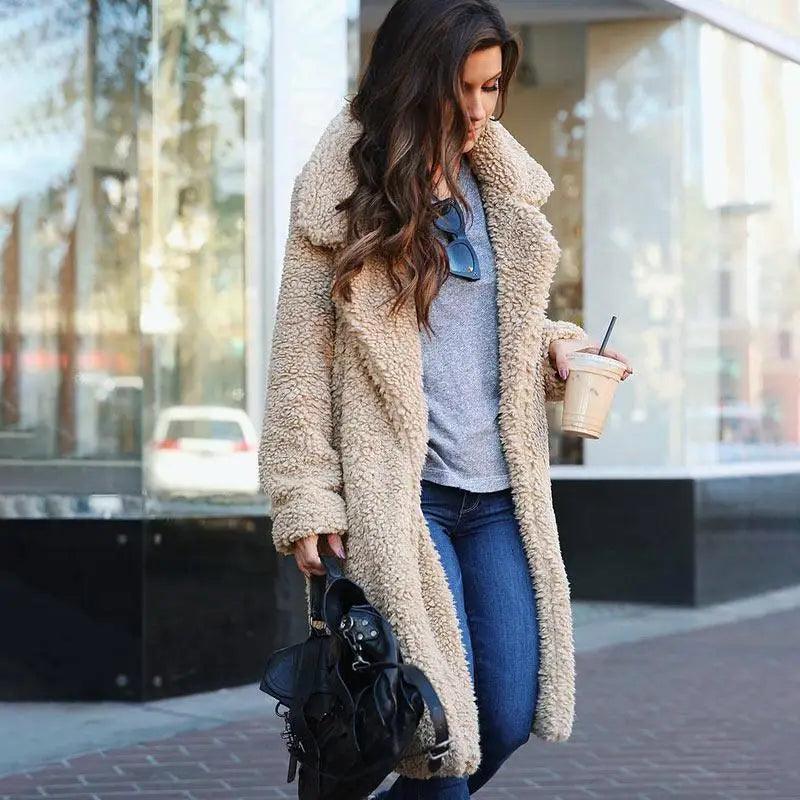Stevvex beige teddy coat with fleece, long casual outerwear on Tampa Home & Garden Store