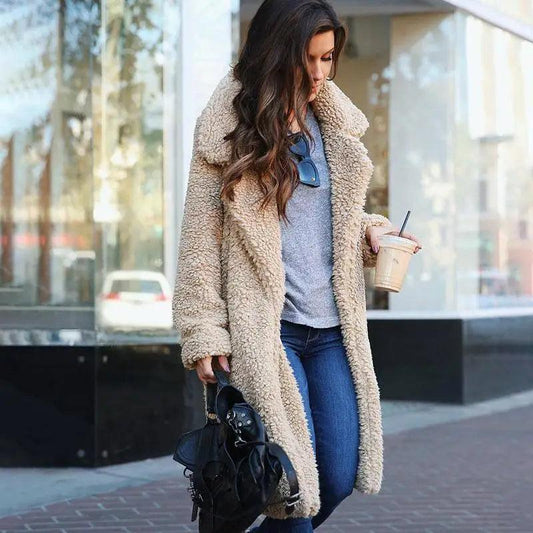 Stevvex beige teddy coat with fleece, long casual outerwear on Tampa Home & Garden Store