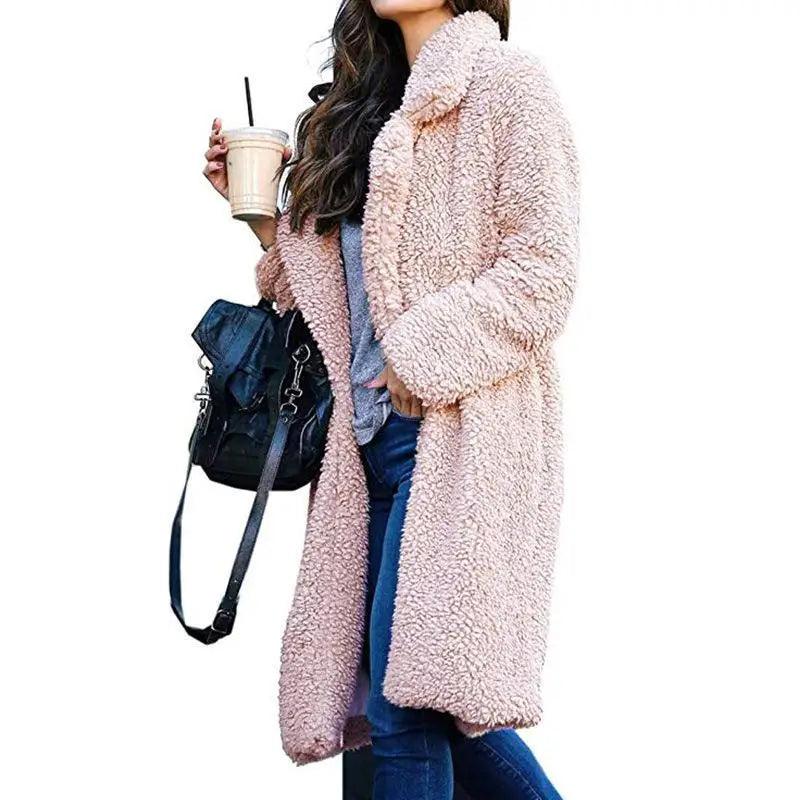 Teddy coat Stevvex plush pink long fleece outerwear for women solid color on Tampa Home & Garden Store