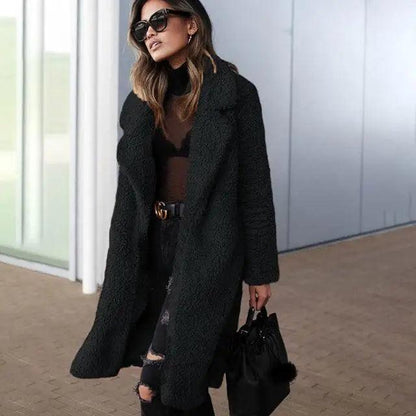 Luxurious Autumn Winter Jacket female coat solid black fleece long teddy outerwear Stevvex on Tampa Home & Garden Store