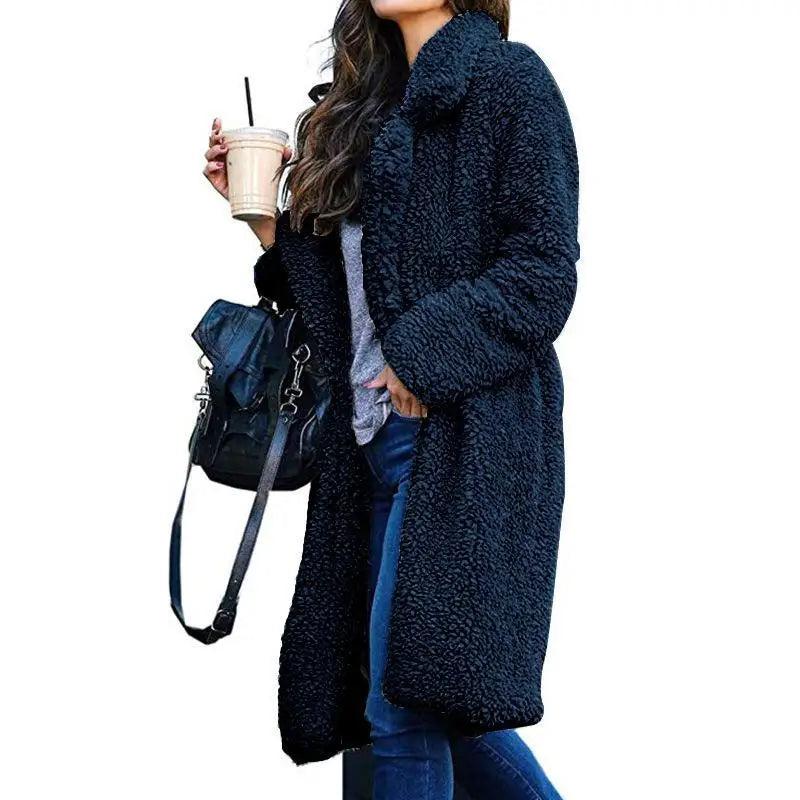 Women's navy long fleece coat by Stevvex, solid-color warm outerwear with plush texture on Tampa Home & Garden Store