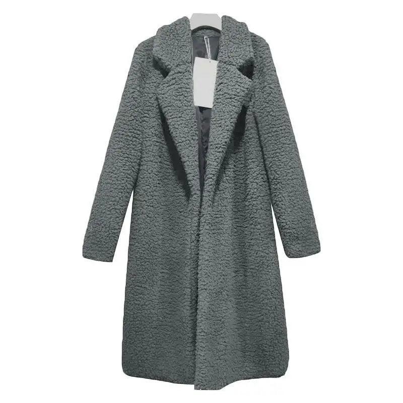 Coat Stevvex women's long grey sherpa fleece with wide lapels casual outerwear on Tampa Home & Garden Store