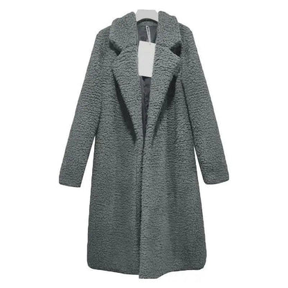 Coat Stevvex women's long grey sherpa fleece with wide lapels casual outerwear on Tampa Home & Garden Store